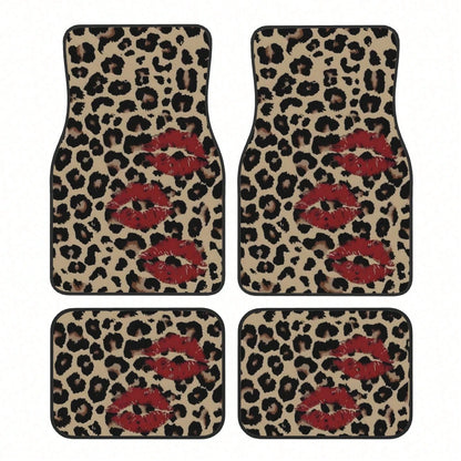 4 Pieces Leopard Print Car Floor Mat, Red Lip Design Polyester Fiber Universal Car Floor Mat, Car Decorative Interior Front And Rear Floor Mat