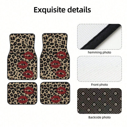 4 Pieces Leopard Print Car Floor Mat, Red Lip Design Polyester Fiber Universal Car Floor Mat, Car Decorative Interior Front And Rear Floor Mat