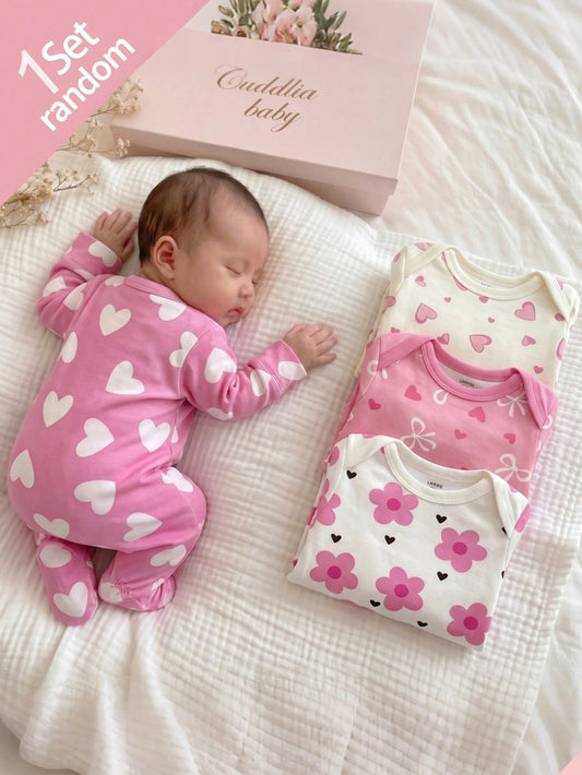 [4 Sets For 1 Set]Pink Floral Heart Bow Print Baby Footed Romper, Comfortable Fabric For Spring/Summer, Long Sleeve Crawler Romper, Home Wear, Sleepwear, Sweet Cute Fashion Minimalist Heart Pink
