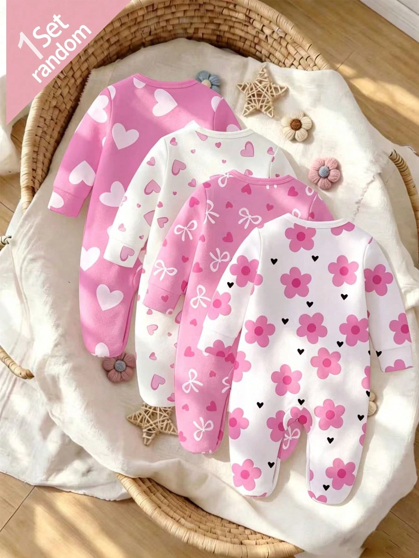 [4 Sets For 1 Set]Pink Floral Heart Bow Print Baby Footed Romper, Comfortable Fabric For Spring/Summer, Long Sleeve Crawler Romper, Home Wear, Sleepwear, Sweet Cute Fashion Minimalist Heart Pink