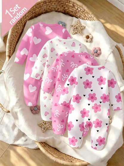 [4 Sets For 1 Set]Pink Floral Heart Bow Print Baby Footed Romper, Comfortable Fabric For Spring/Summer, Long Sleeve Crawler Romper, Home Wear, Sleepwear, Sweet Cute Fashion Minimalist Heart Pink