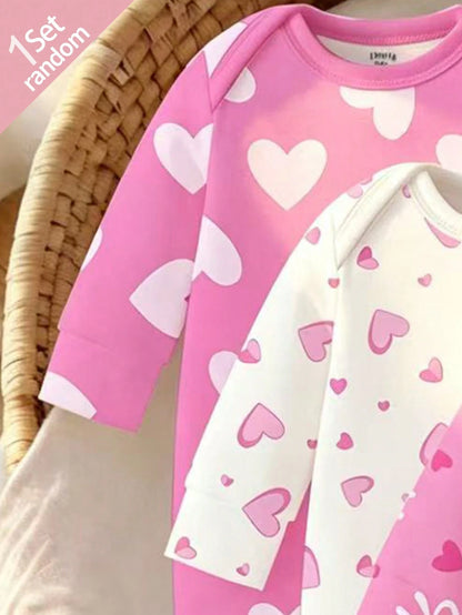 [4 Sets For 1 Set]Pink Floral Heart Bow Print Baby Footed Romper, Comfortable Fabric For Spring/Summer, Long Sleeve Crawler Romper, Home Wear, Sleepwear, Sweet Cute Fashion Minimalist Heart Pink