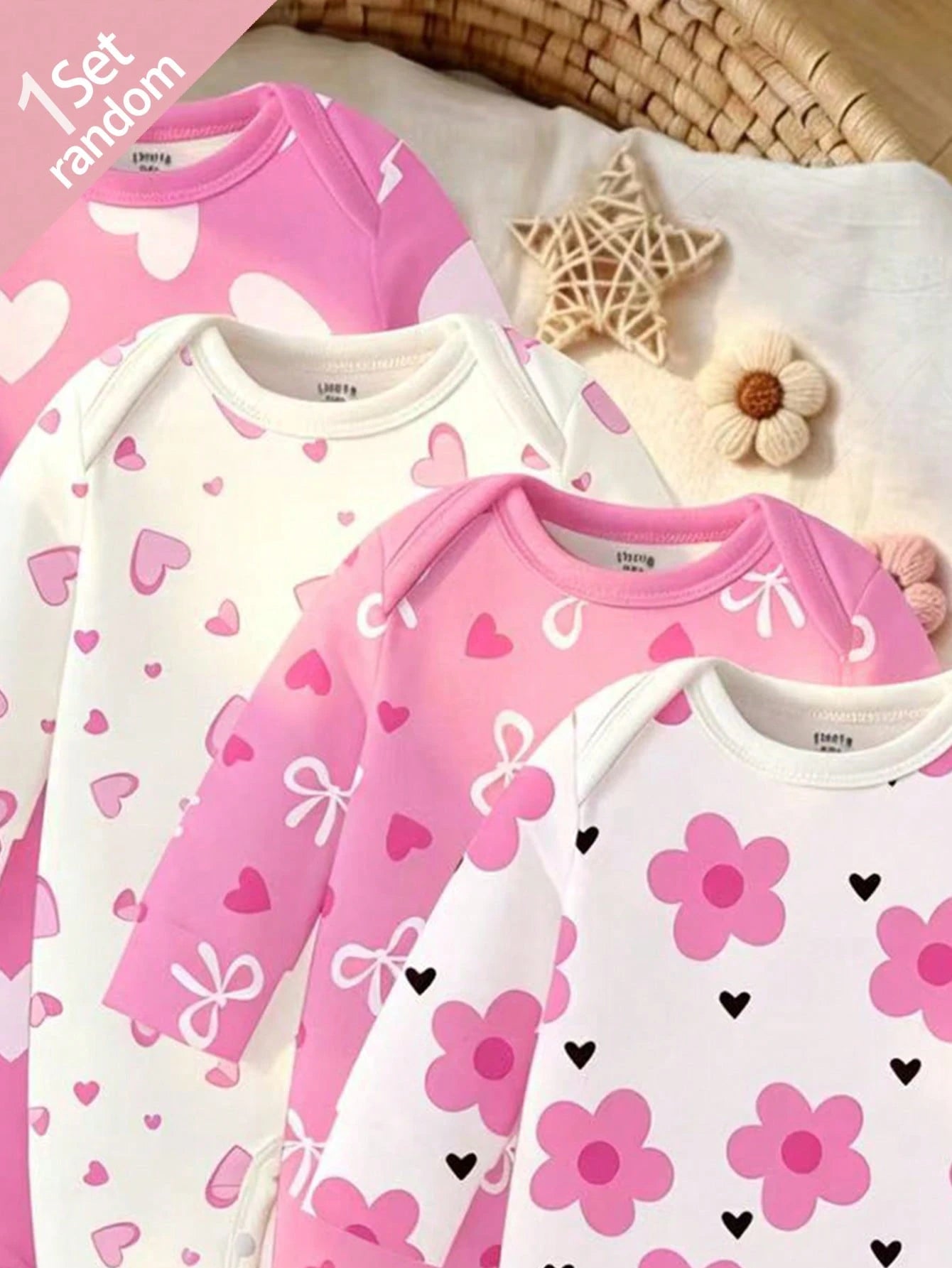 [4 Sets For 1 Set]Pink Floral Heart Bow Print Baby Footed Romper, Comfortable Fabric For Spring/Summer, Long Sleeve Crawler Romper, Home Wear, Sleepwear, Sweet Cute Fashion Minimalist Heart Pink