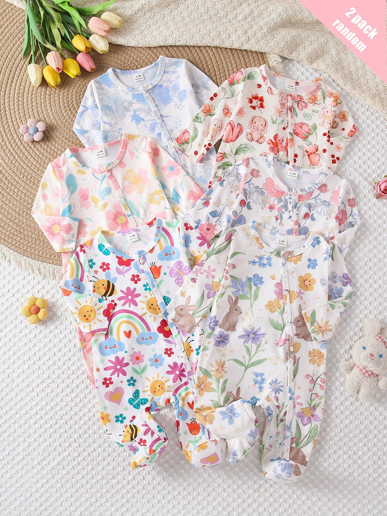 [4 Sets For 1 Set]Pink Floral Heart Bow Print Baby Footed Romper, Comfortable Fabric For Spring/Summer, Long Sleeve Crawler Romper, Home Wear, Sleepwear, Sweet Cute Fashion Minimalist Heart Pink