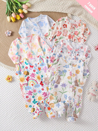 [4 Sets For 1 Set]Pink Floral Heart Bow Print Baby Footed Romper, Comfortable Fabric For Spring/Summer, Long Sleeve Crawler Romper, Home Wear, Sleepwear, Sweet Cute Fashion Minimalist Heart Pink