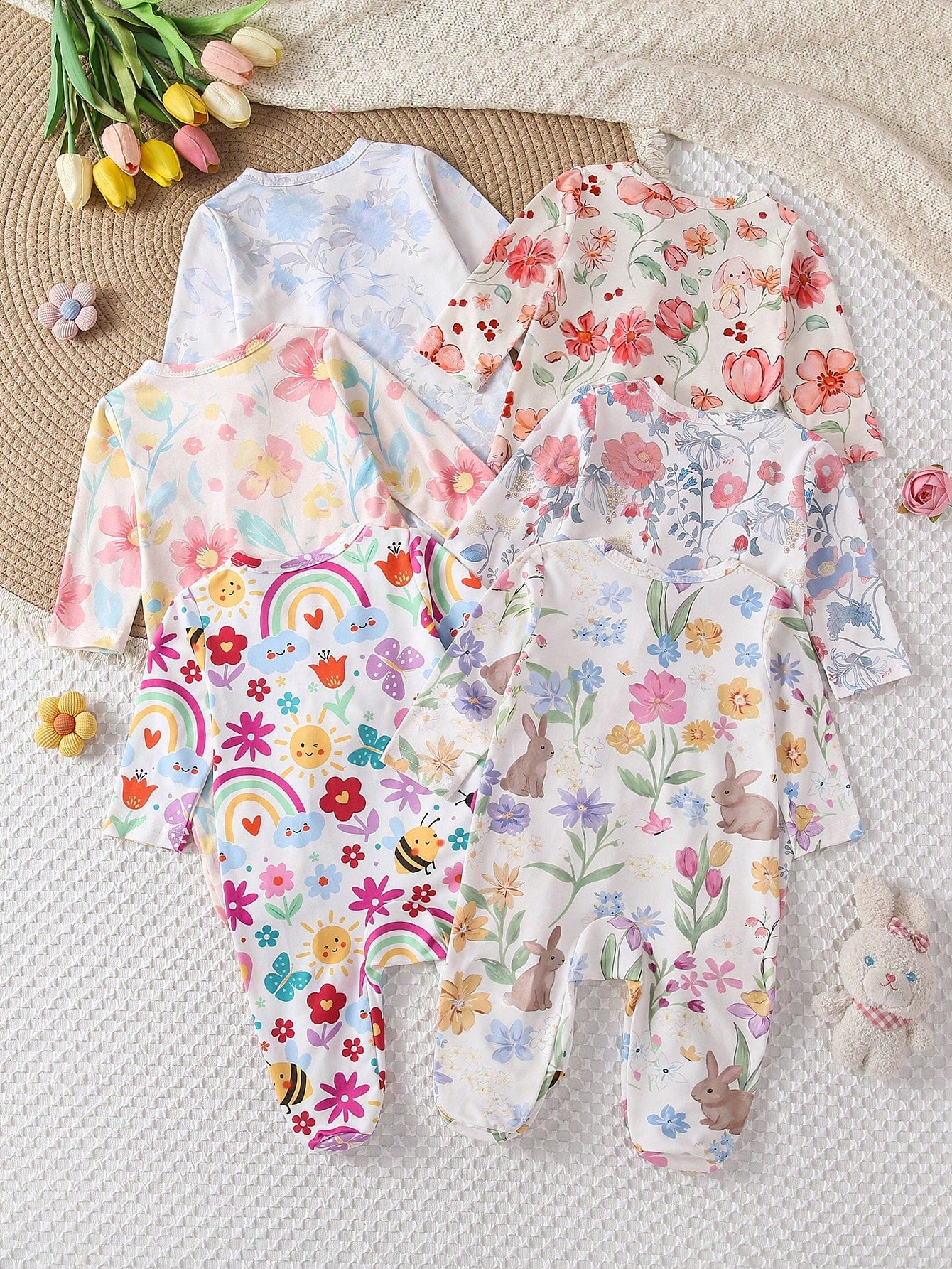 [4 Sets For 1 Set]Pink Floral Heart Bow Print Baby Footed Romper, Comfortable Fabric For Spring/Summer, Long Sleeve Crawler Romper, Home Wear, Sleepwear, Sweet Cute Fashion Minimalist Heart Pink