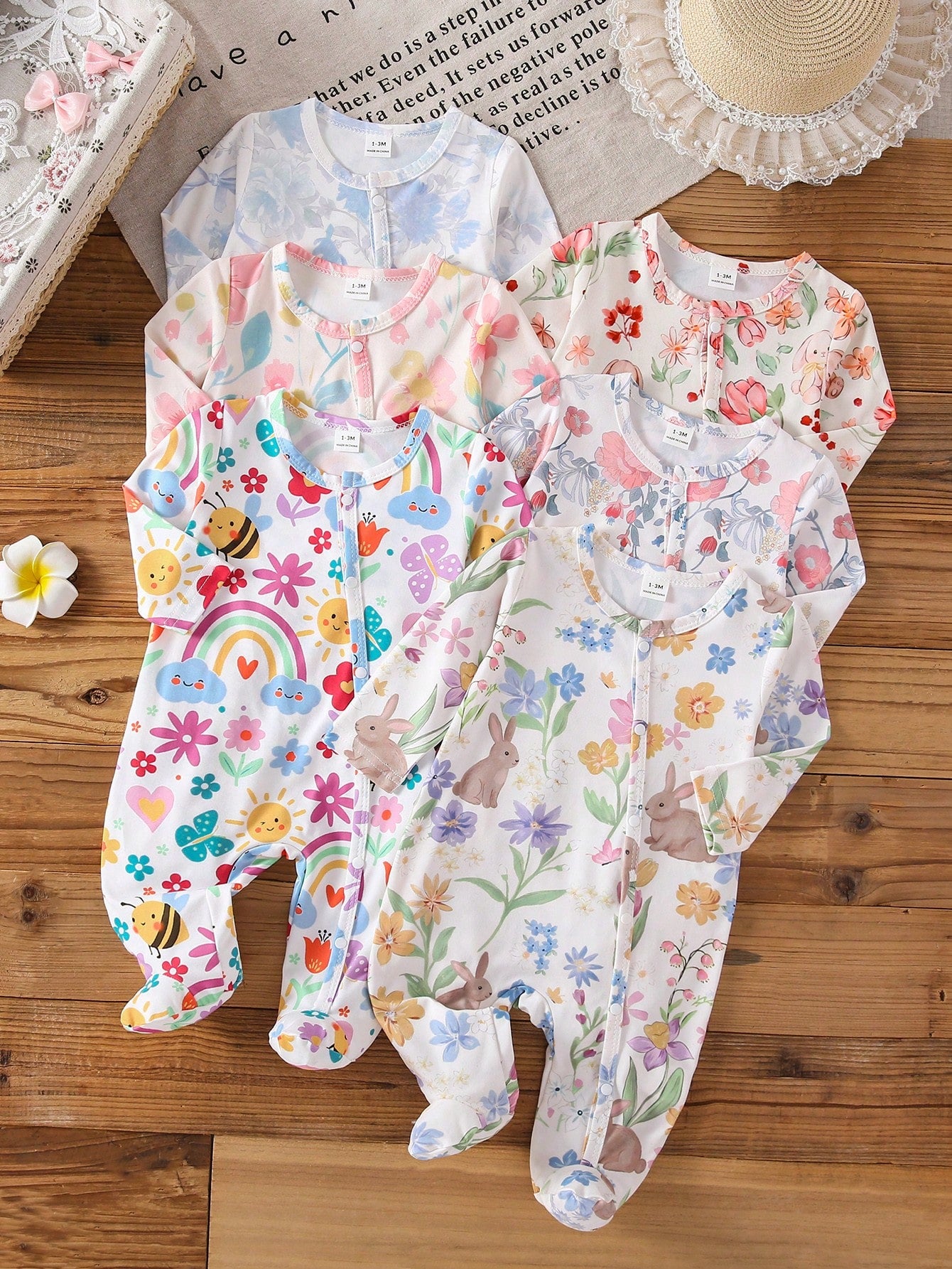 [4 Sets For 1 Set]Pink Floral Heart Bow Print Baby Footed Romper, Comfortable Fabric For Spring/Summer, Long Sleeve Crawler Romper, Home Wear, Sleepwear, Sweet Cute Fashion Minimalist Heart Pink