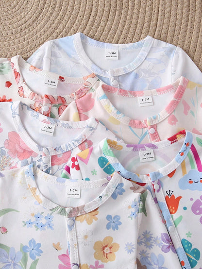 [4 Sets For 1 Set]Pink Floral Heart Bow Print Baby Footed Romper, Comfortable Fabric For Spring/Summer, Long Sleeve Crawler Romper, Home Wear, Sleepwear, Sweet Cute Fashion Minimalist Heart Pink