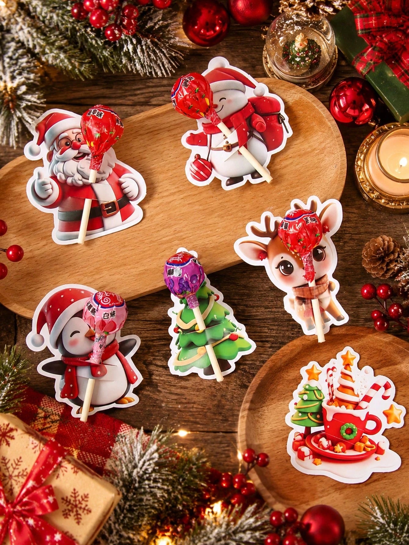 48pcs Christmas Cartoon 3D Pattern Lollipop Cardstock, Christmas Mixed Style Lollipop Decorative Cardstock, Christmas Tree, Santa Claus, Snowman Shaped Lollipop Cardboard, Christmas DIY Candy Paper Pa