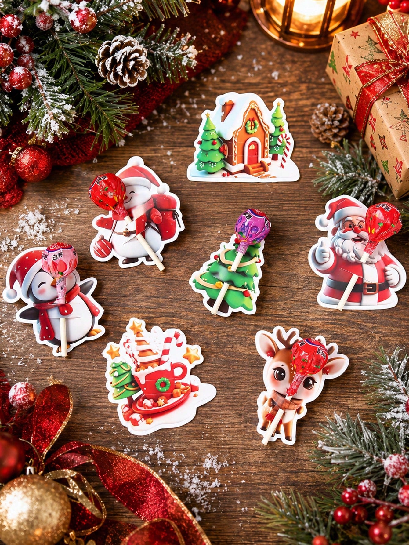 48pcs Christmas Cartoon 3D Pattern Lollipop Cardstock, Christmas Mixed Style Lollipop Decorative Cardstock, Christmas Tree, Santa Claus, Snowman Shaped Lollipop Cardboard, Christmas DIY Candy Paper Pa