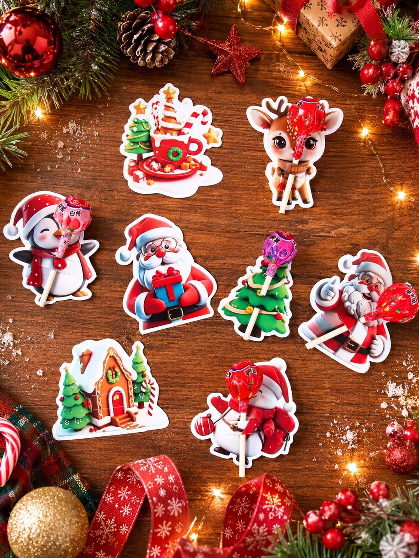 48pcs Christmas Cartoon 3D Pattern Lollipop Cardstock, Christmas Mixed Style Lollipop Decorative Cardstock, Christmas Tree, Santa Claus, Snowman Shaped Lollipop Cardboard, Christmas DIY Candy Paper Pa