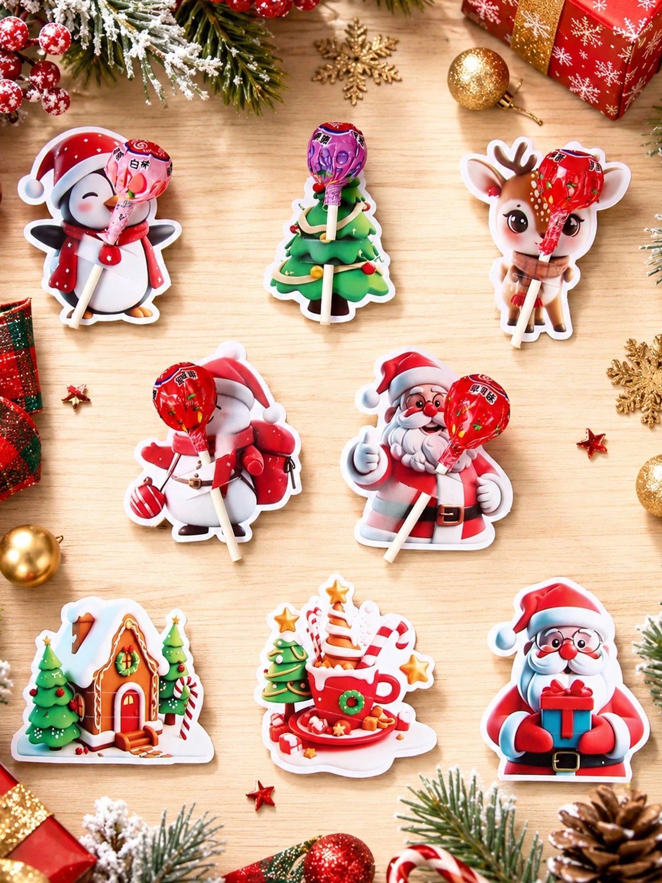 48pcs Christmas Cartoon 3D Pattern Lollipop Cardstock, Christmas Mixed Style Lollipop Decorative Cardstock, Christmas Tree, Santa Claus, Snowman Shaped Lollipop Cardboard, Christmas DIY Candy Paper Pa