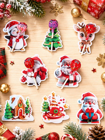 48pcs Christmas Cartoon 3D Pattern Lollipop Cardstock, Christmas Mixed Style Lollipop Decorative Cardstock, Christmas Tree, Santa Claus, Snowman Shaped Lollipop Cardboard, Christmas DIY Candy Paper Pa