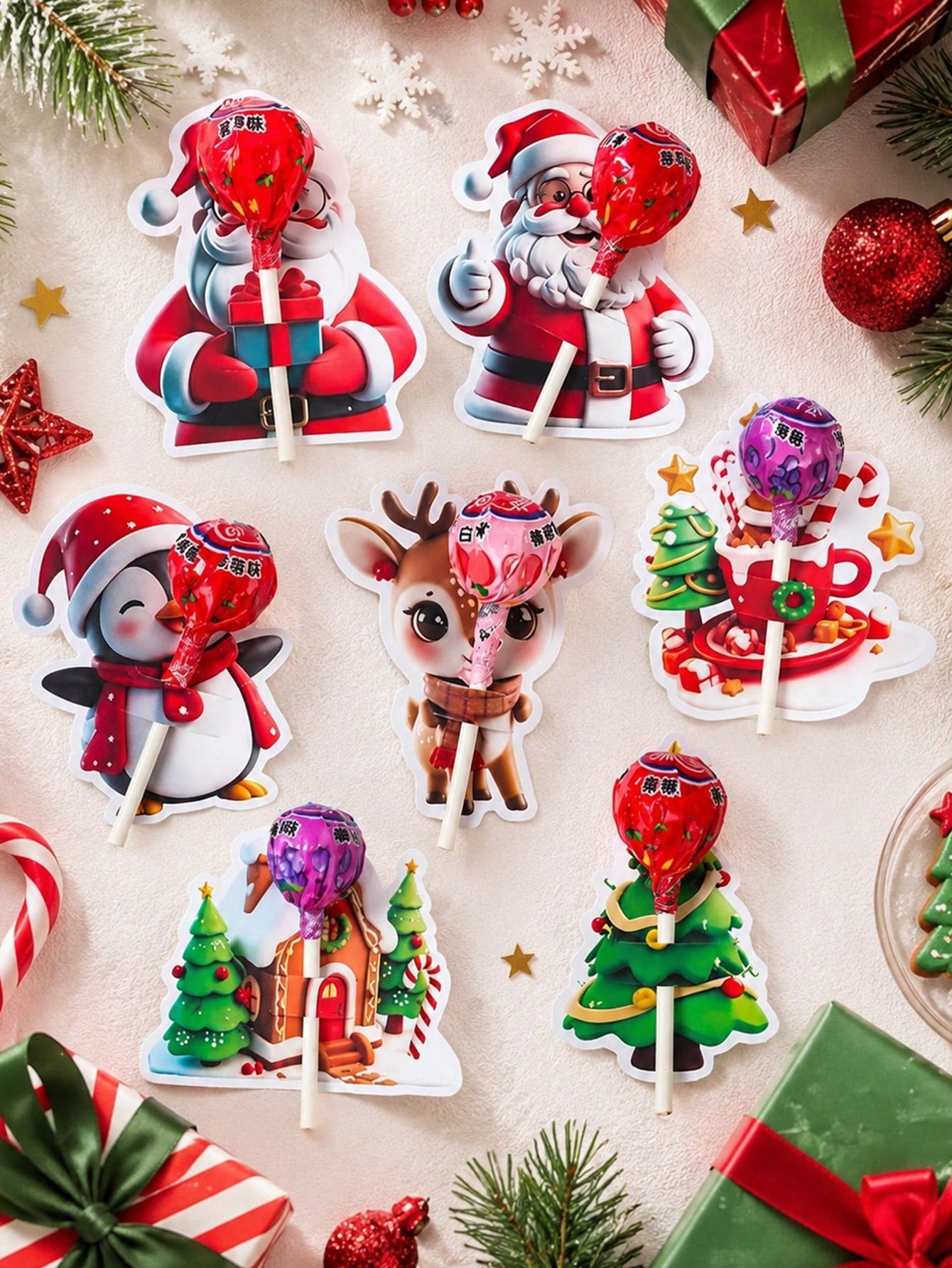 48pcs Christmas Cartoon 3D Pattern Lollipop Cardstock, Christmas Mixed Style Lollipop Decorative Cardstock, Christmas Tree, Santa Claus, Snowman Shaped Lollipop Cardboard, Christmas DIY Candy Paper Pa