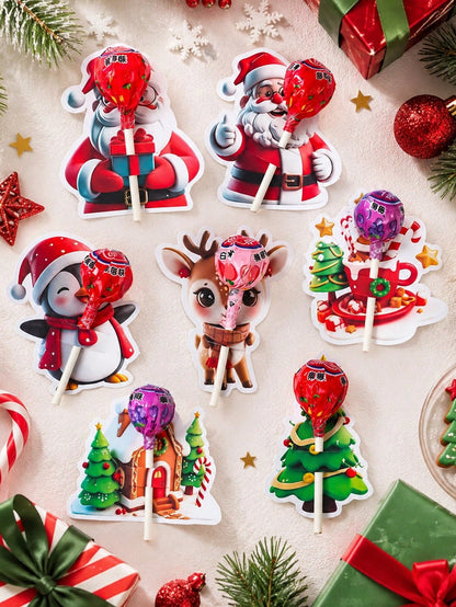 48pcs Christmas Cartoon 3D Pattern Lollipop Cardstock, Christmas Mixed Style Lollipop Decorative Cardstock, Christmas Tree, Santa Claus, Snowman Shaped Lollipop Cardboard, Christmas DIY Candy Paper Pa