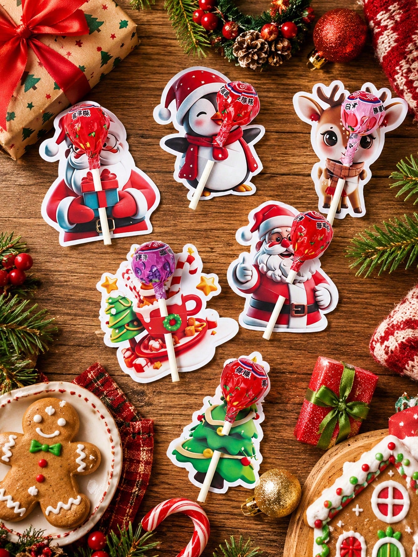 48pcs Christmas Cartoon 3D Pattern Lollipop Cardstock, Christmas Mixed Style Lollipop Decorative Cardstock, Christmas Tree, Santa Claus, Snowman Shaped Lollipop Cardboard, Christmas DIY Candy Paper Pa