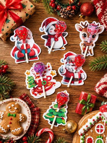 48pcs Christmas Cartoon 3D Pattern Lollipop Cardstock, Christmas Mixed Style Lollipop Decorative Cardstock, Christmas Tree, Santa Claus, Snowman Shaped Lollipop Cardboard, Christmas DIY Candy Paper Pa
