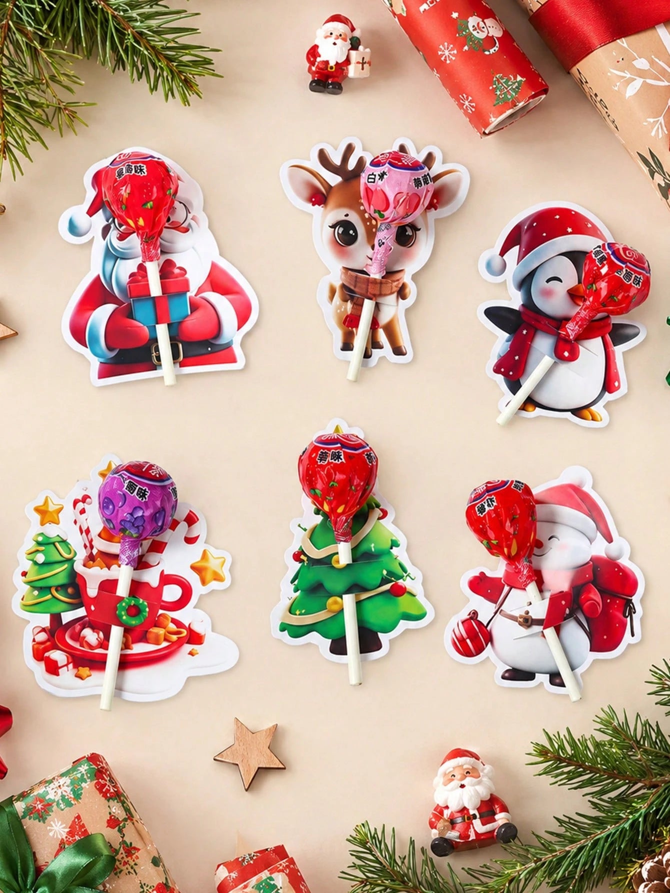 48pcs Christmas Cartoon 3D Pattern Lollipop Cardstock, Christmas Mixed Style Lollipop Decorative Cardstock, Christmas Tree, Santa Claus, Snowman Shaped Lollipop Cardboard, Christmas DIY Candy Paper Pa