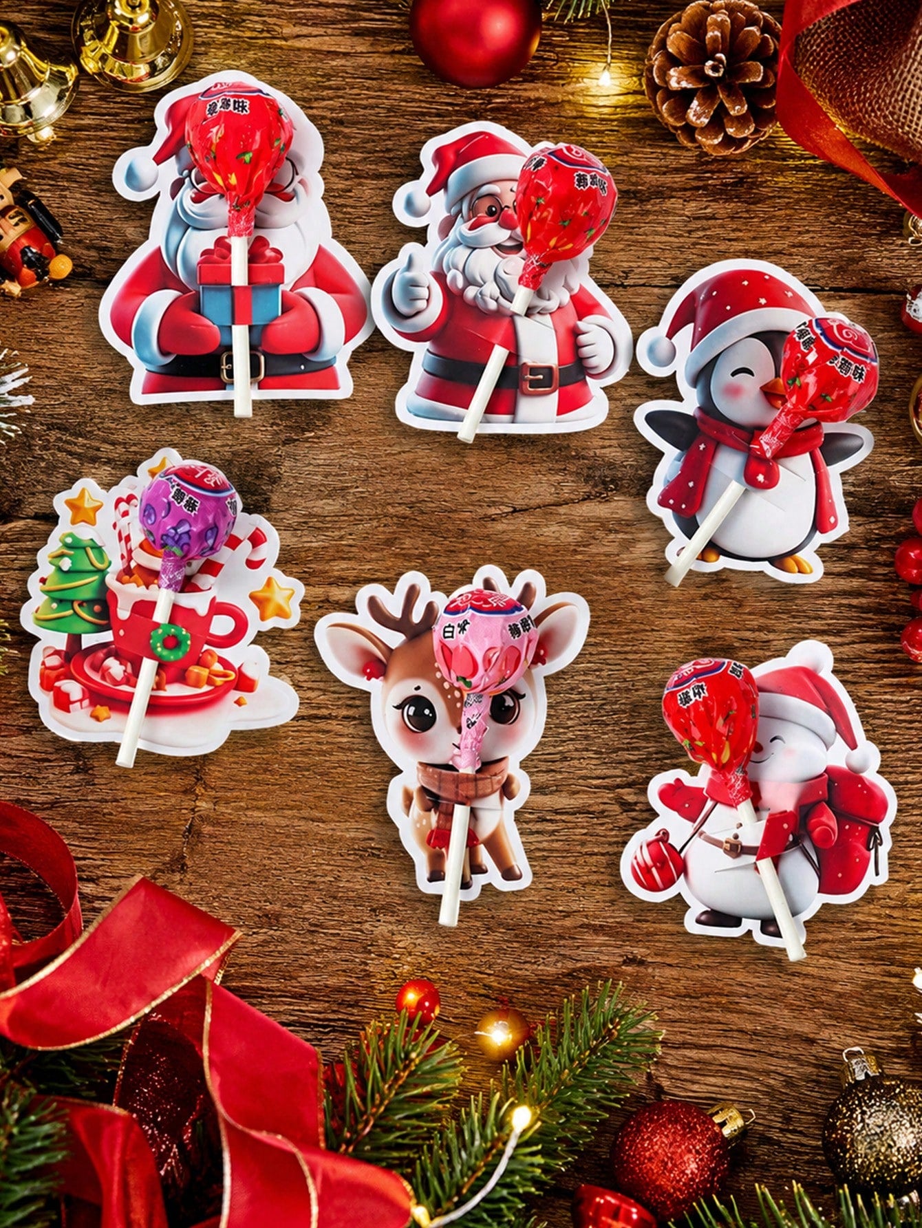 48pcs Christmas Cartoon 3D Pattern Lollipop Cardstock, Christmas Mixed Style Lollipop Decorative Cardstock, Christmas Tree, Santa Claus, Snowman Shaped Lollipop Cardboard, Christmas DIY Candy Paper Pa