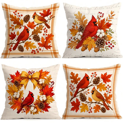 4pcs/1pc Autumn Maple Leaf & Red Cardinal Pattern Pillow Covers, Single-Sided Printed Cushion Covers, Suitable For Living Room, Bedroom, Home Decor, All-Season Use