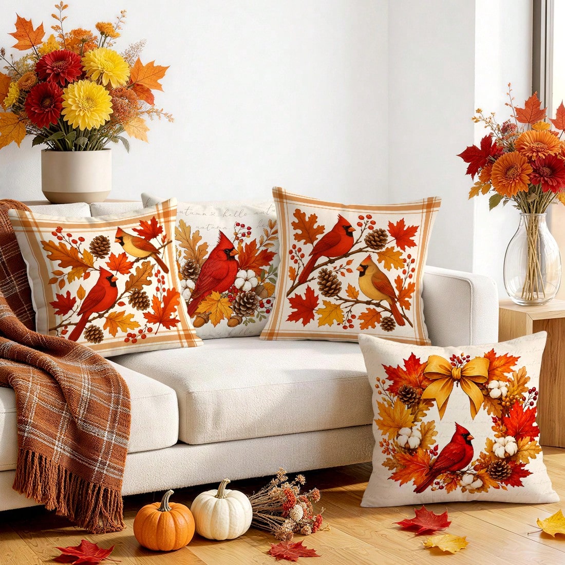 4pcs/1pc Autumn Maple Leaf & Red Cardinal Pattern Pillow Covers, Single-Sided Printed Cushion Covers, Suitable For Living Room, Bedroom, Home Decor, All-Season Use