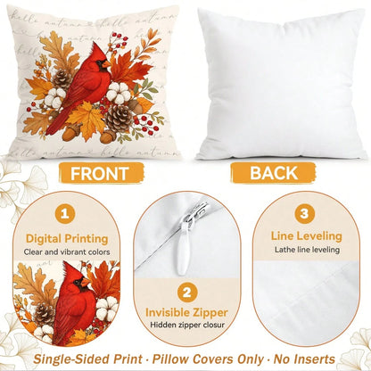 4pcs/1pc Autumn Maple Leaf & Red Cardinal Pattern Pillow Covers, Single-Sided Printed Cushion Covers, Suitable For Living Room, Bedroom, Home Decor, All-Season Use