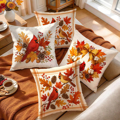 4pcs/1pc Autumn Maple Leaf & Red Cardinal Pattern Pillow Covers, Single-Sided Printed Cushion Covers, Suitable For Living Room, Bedroom, Home Decor, All-Season Use