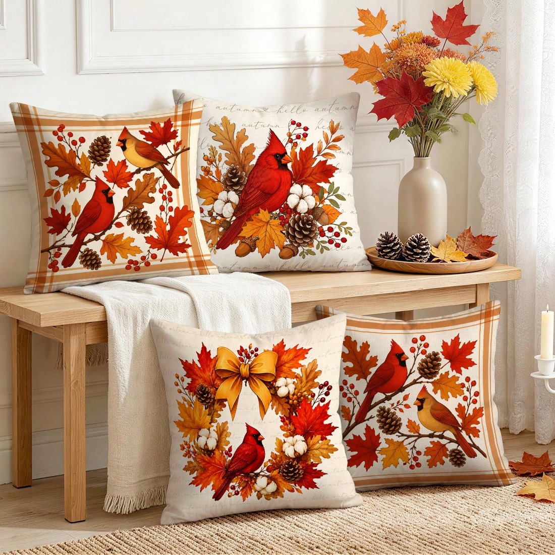 4pcs/1pc Autumn Maple Leaf & Red Cardinal Pattern Pillow Covers, Single-Sided Printed Cushion Covers, Suitable For Living Room, Bedroom, Home Decor, All-Season Use
