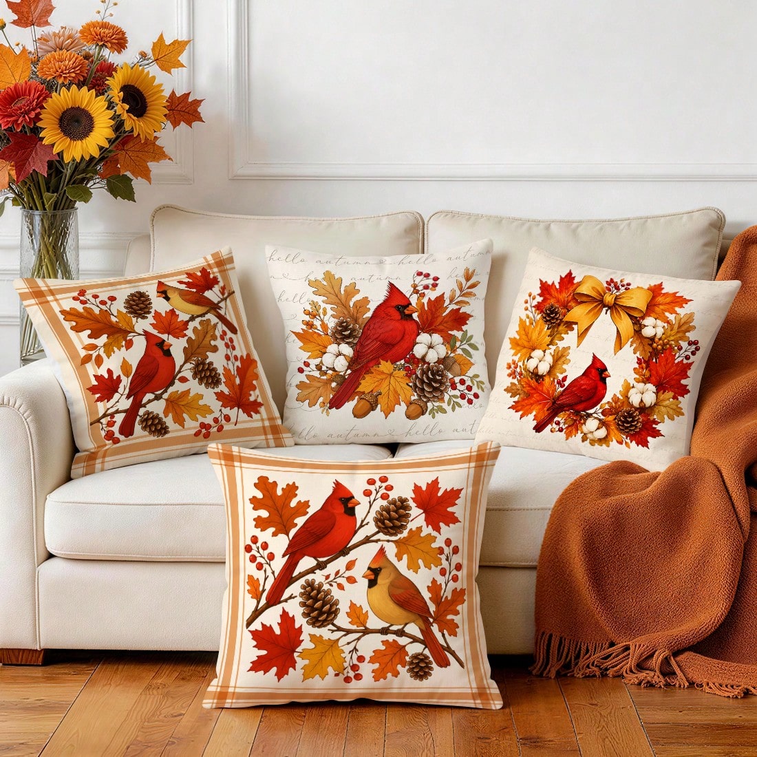 4pcs/1pc Autumn Maple Leaf & Red Cardinal Pattern Pillow Covers, Single-Sided Printed Cushion Covers, Suitable For Living Room, Bedroom, Home Decor, All-Season Use