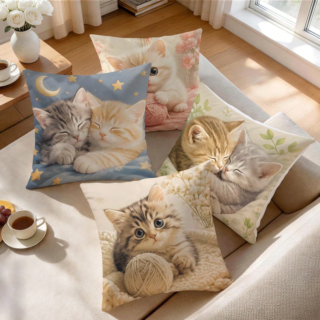 4pcs/1pc Soft Cute Kitten Pattern Pillow Case Without Insert, Single-Sided Printed Pillow Case, Suitable For Living Room Bedroom Home Decor, All Season Pillow Case