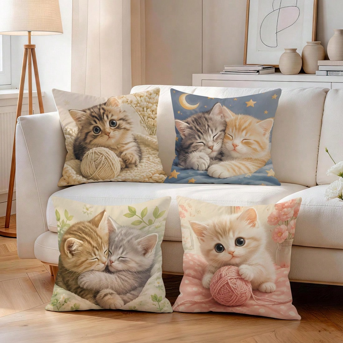 4pcs/1pc Soft Cute Kitten Pattern Pillow Case Without Insert, Single-Sided Printed Pillow Case, Suitable For Living Room Bedroom Home Decor, All Season Pillow Case