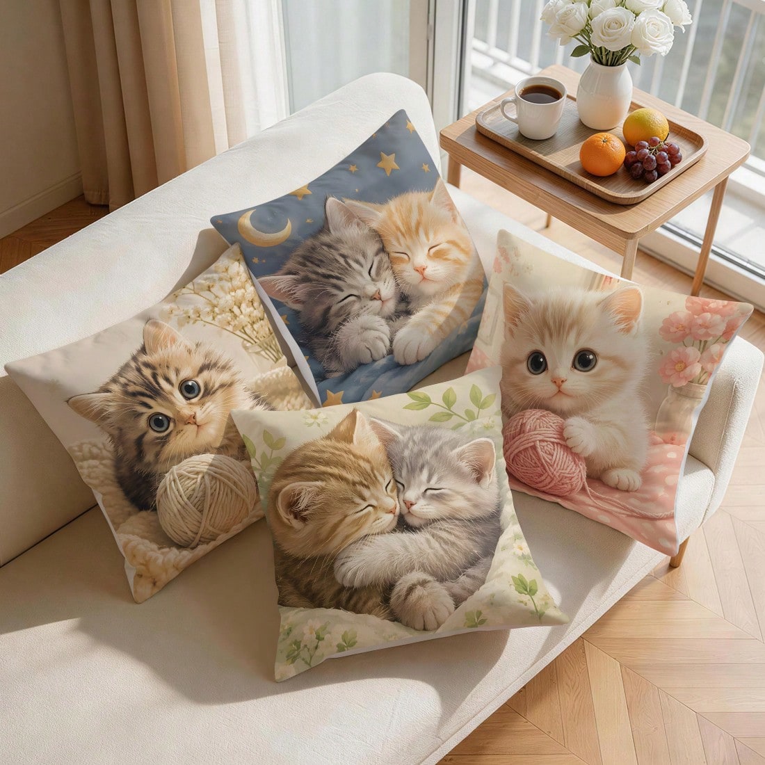 4pcs/1pc Soft Cute Kitten Pattern Pillow Case Without Insert, Single-Sided Printed Pillow Case, Suitable For Living Room Bedroom Home Decor, All Season Pillow Case