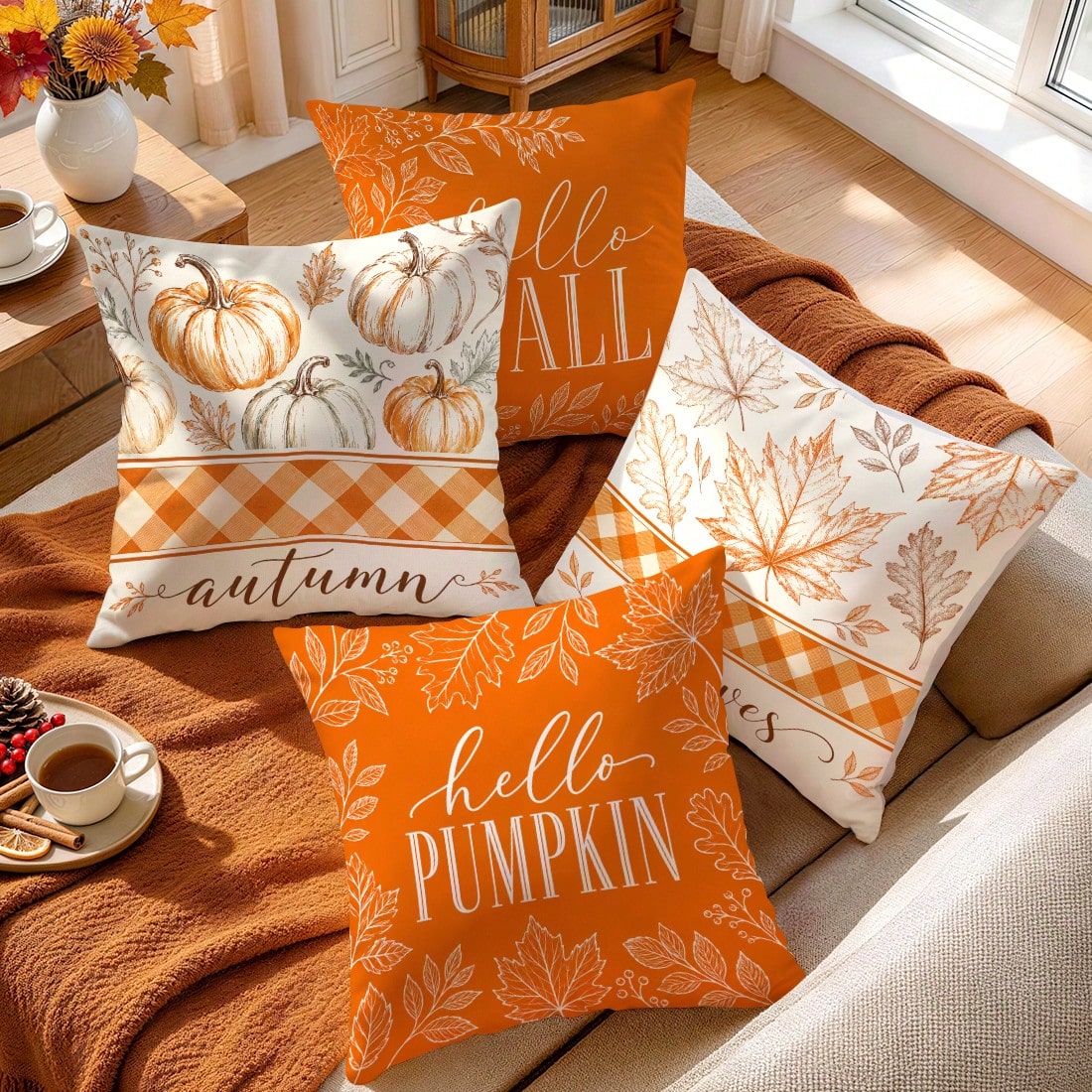 4pcs Autumn Decorative Pattern Pillow Covers Without Inserts, Single-Sided Printed Pillow Covers, Suitable For Living Room Bedroom Home Decor, All-Season Pillow Covers