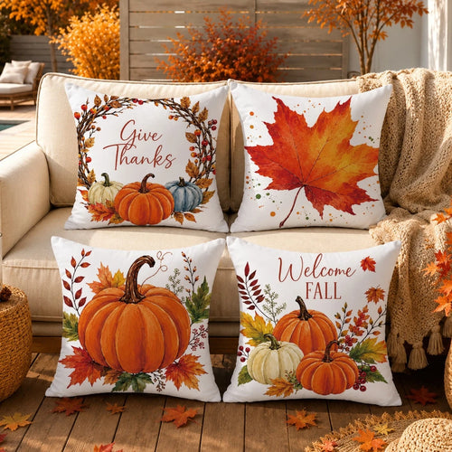 4pcs Autumn Minimalist Pumpkin & Maple Leaf Pattern Cushion Covers, Single-Sided Printed Skin-Friendly Peach Skin Velvet Material, 45*45CM Pillowcases Suitable For Room Decor, Indoor Sofa Living Room