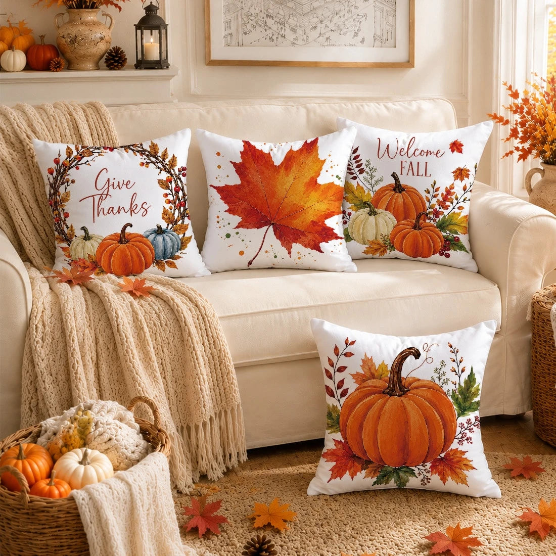 4pcs Autumn Minimalist Pumpkin & Maple Leaf Pattern Cushion Covers, Single-Sided Printed Skin-Friendly Peach Skin Velvet Material, 45*45CM Pillowcases Suitable For Room Decor, Indoor Sofa Living Room