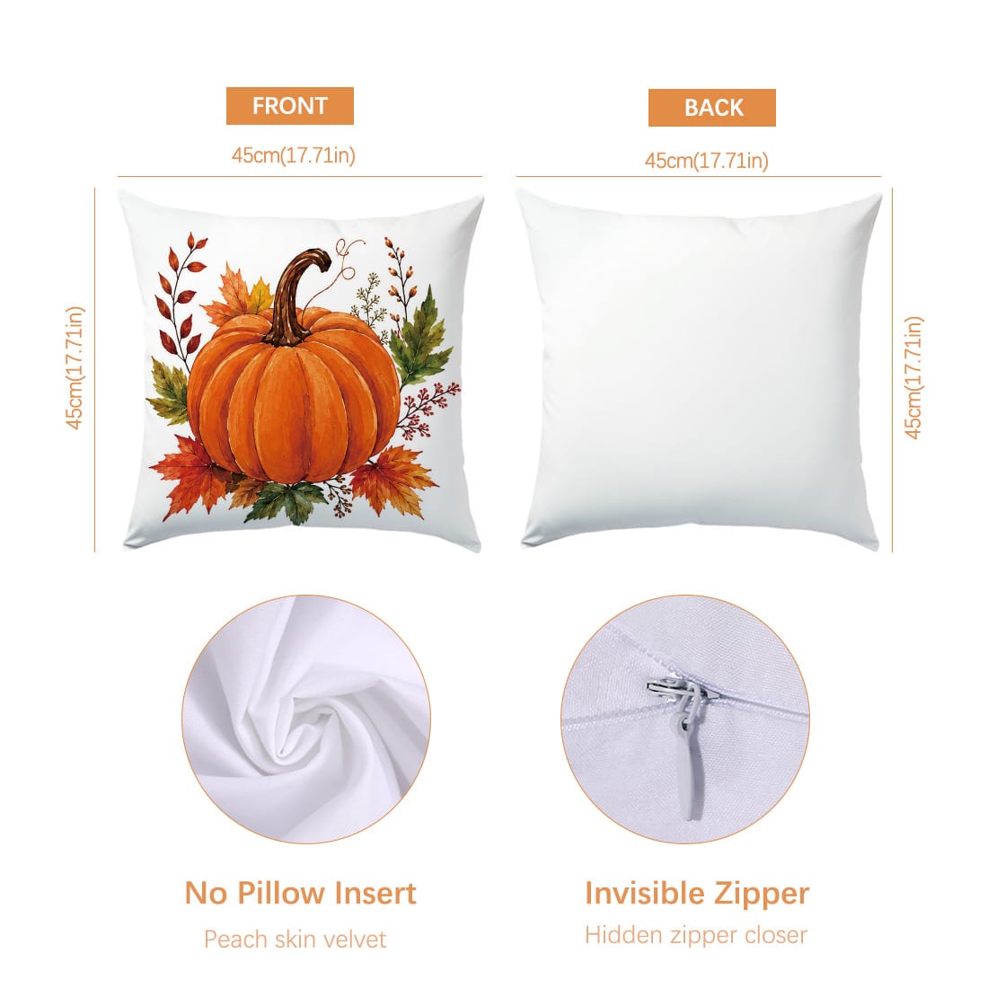 4pcs Autumn Minimalist Pumpkin & Maple Leaf Pattern Cushion Covers, Single-Sided Printed Skin-Friendly Peach Skin Velvet Material, 45*45CM Pillowcases Suitable For Room Decor, Indoor Sofa Living Room