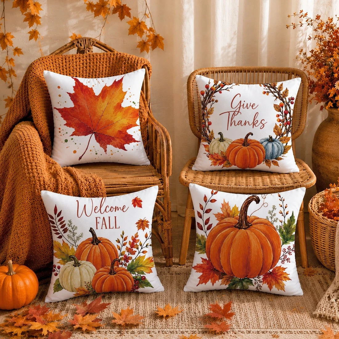 4pcs Autumn Minimalist Pumpkin & Maple Leaf Pattern Cushion Covers, Single-Sided Printed Skin-Friendly Peach Skin Velvet Material, 45*45CM Pillowcases Suitable For Room Decor, Indoor Sofa Living Room