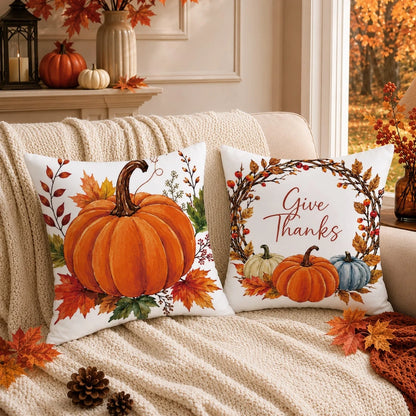 4pcs Autumn Minimalist Pumpkin & Maple Leaf Pattern Cushion Covers, Single-Sided Printed Skin-Friendly Peach Skin Velvet Material, 45*45CM Pillowcases Suitable For Room Decor, Indoor Sofa Living Room