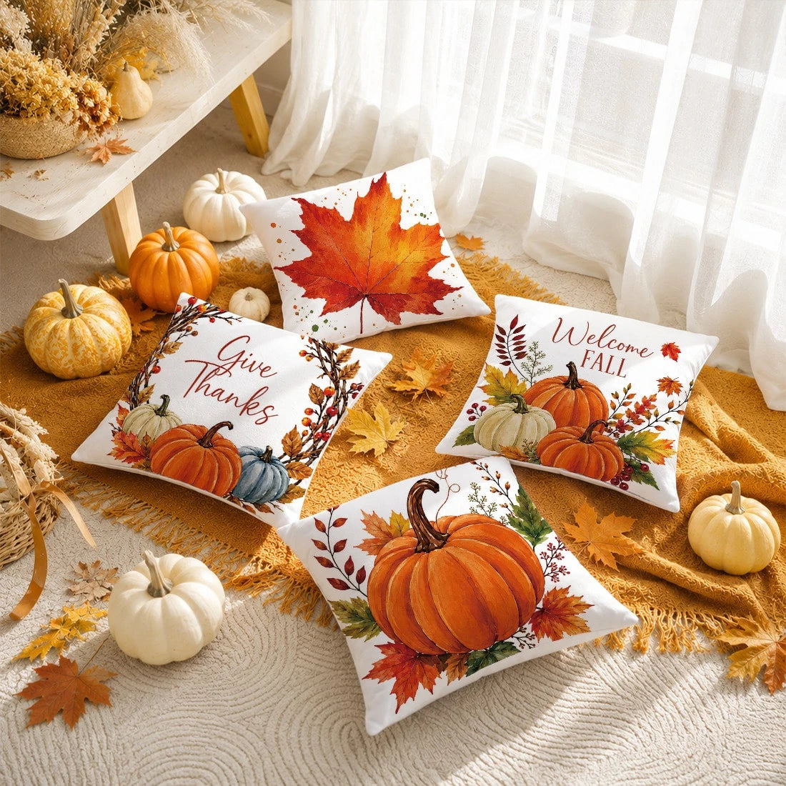 4pcs Autumn Minimalist Pumpkin & Maple Leaf Pattern Cushion Covers, Single-Sided Printed Skin-Friendly Peach Skin Velvet Material, 45*45CM Pillowcases Suitable For Room Decor, Indoor Sofa Living Room