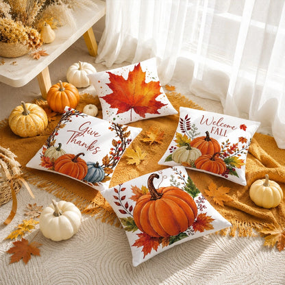 4pcs Autumn Minimalist Pumpkin & Maple Leaf Pattern Cushion Covers, Single-Sided Printed Skin-Friendly Peach Skin Velvet Material, 45*45CM Pillowcases Suitable For Room Decor, Indoor Sofa Living Room