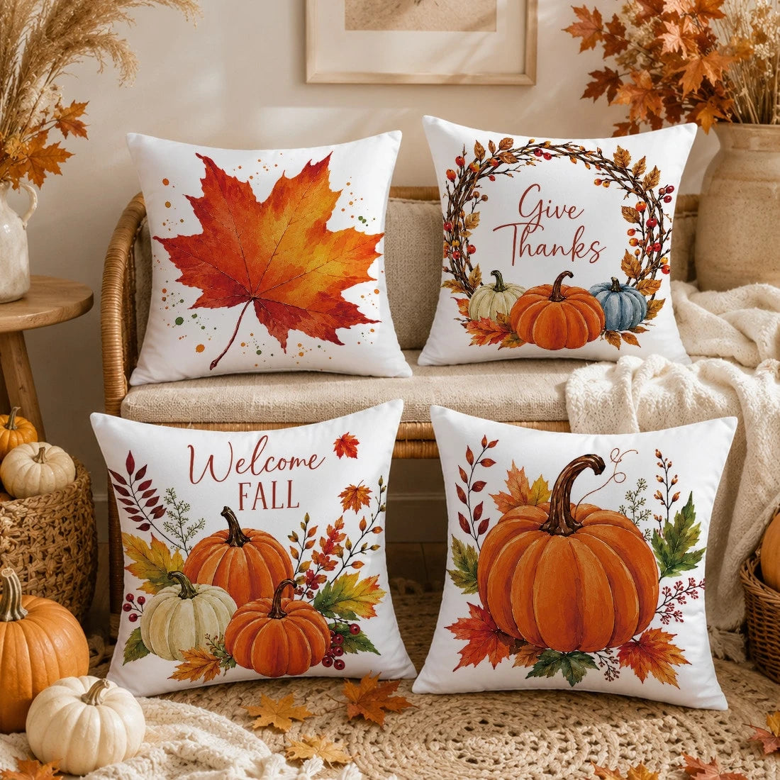 4pcs Autumn Minimalist Pumpkin & Maple Leaf Pattern Cushion Covers, Single-Sided Printed Skin-Friendly Peach Skin Velvet Material, 45*45CM Pillowcases Suitable For Room Decor, Indoor Sofa Living Room