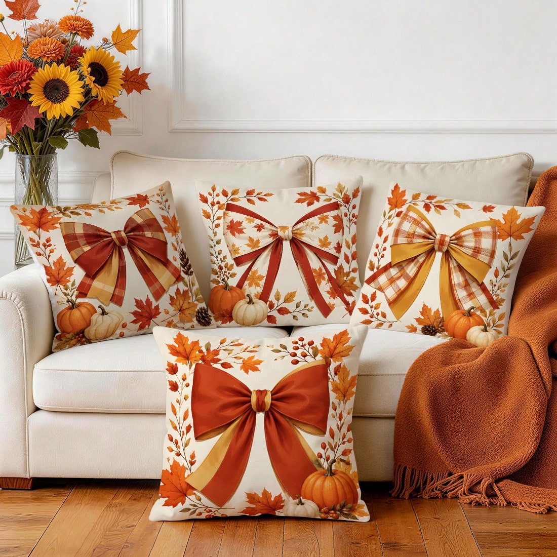4pcs Autumn Plaid Bow & Pumpkin Pattern Single-Sided Printed Pillow Covers/Cushion Covers, Multi-Scene Atmosphere Decorative Pillow Covers Suitable For Living Room, Sofa, Bedroom, Pillow Insert Not In