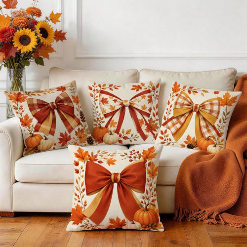 4pcs Autumn Plaid Bow & Pumpkin Pattern Single-Sided Printed Pillow Covers/Cushion Covers, Multi-Scene Atmosphere Decorative Pillow Covers Suitable For Living Room, Sofa, Bedroom, Pillow Insert Not In