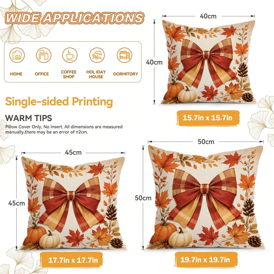 4pcs Autumn Plaid Bow & Pumpkin Pattern Single-Sided Printed Pillow Covers/Cushion Covers, Multi-Scene Atmosphere Decorative Pillow Covers Suitable For Living Room, Sofa, Bedroom, Pillow Insert Not In