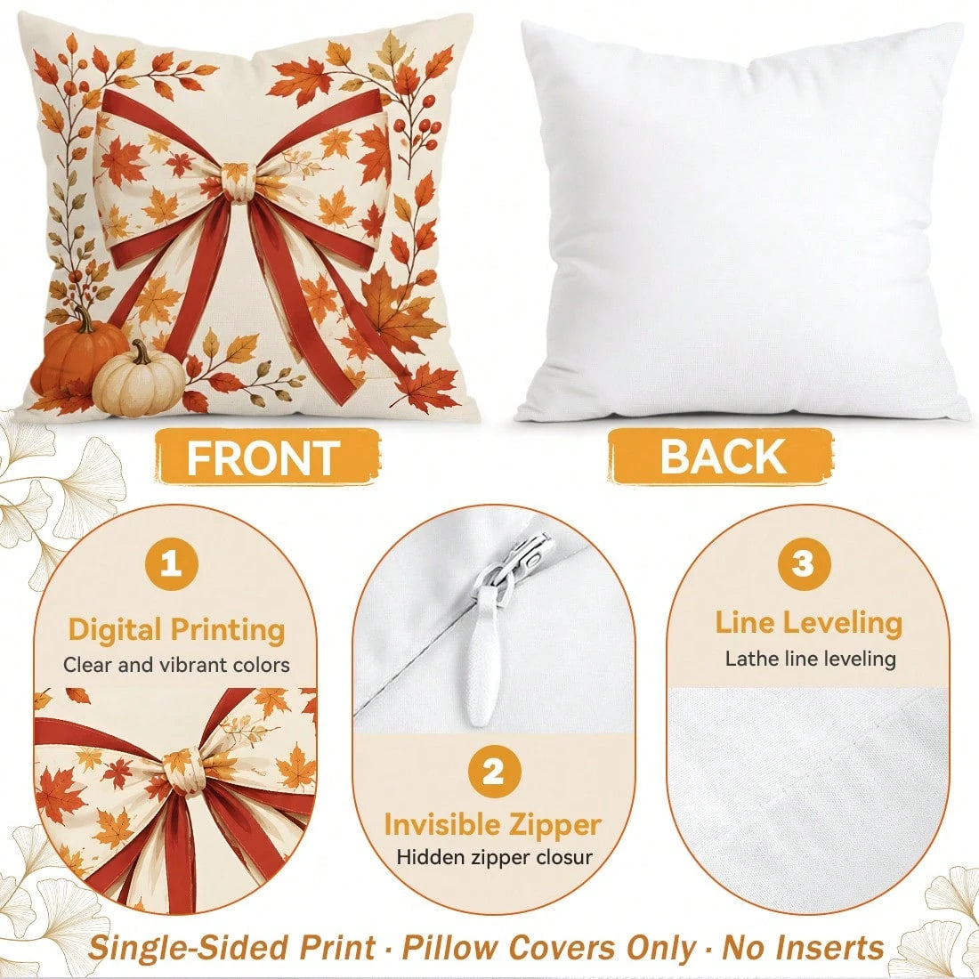 4pcs Autumn Plaid Bow & Pumpkin Pattern Single-Sided Printed Pillow Covers/Cushion Covers, Multi-Scene Atmosphere Decorative Pillow Covers Suitable For Living Room, Sofa, Bedroom, Pillow Insert Not In