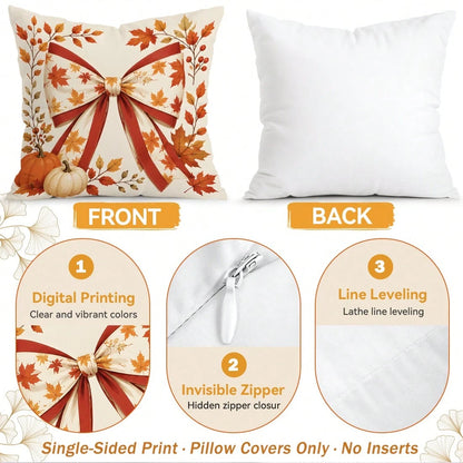 4pcs Autumn Plaid Bow & Pumpkin Pattern Single-Sided Printed Pillow Covers/Cushion Covers, Multi-Scene Atmosphere Decorative Pillow Covers Suitable For Living Room, Sofa, Bedroom, Pillow Insert Not In
