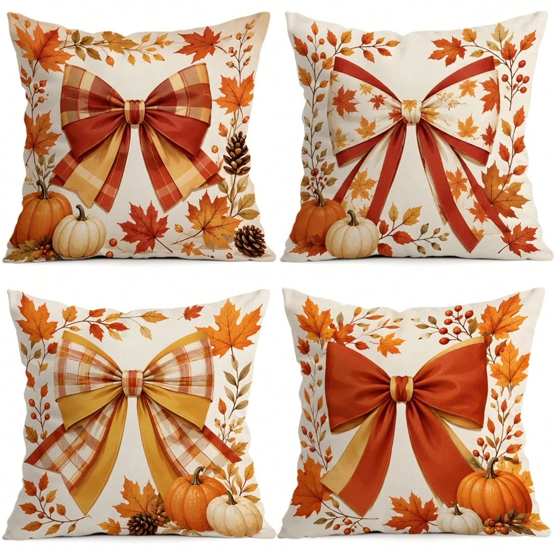 4pcs Autumn Plaid Bow & Pumpkin Pattern Single-Sided Printed Pillow Covers/Cushion Covers, Multi-Scene Atmosphere Decorative Pillow Covers Suitable For Living Room, Sofa, Bedroom, Pillow Insert Not In