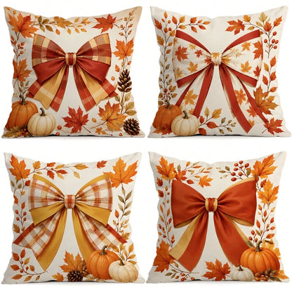 4pcs Autumn Plaid Bow & Pumpkin Pattern Single-Sided Printed Pillow Covers/Cushion Covers, Multi-Scene Atmosphere Decorative Pillow Covers Suitable For Living Room, Sofa, Bedroom, Pillow Insert Not In