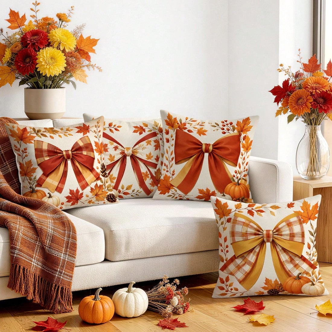 4pcs Autumn Plaid Bow & Pumpkin Pattern Single-Sided Printed Pillow Covers/Cushion Covers, Multi-Scene Atmosphere Decorative Pillow Covers Suitable For Living Room, Sofa, Bedroom, Pillow Insert Not In