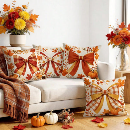 4pcs Autumn Plaid Bow & Pumpkin Pattern Single-Sided Printed Pillow Covers/Cushion Covers, Multi-Scene Atmosphere Decorative Pillow Covers Suitable For Living Room, Sofa, Bedroom, Pillow Insert Not In